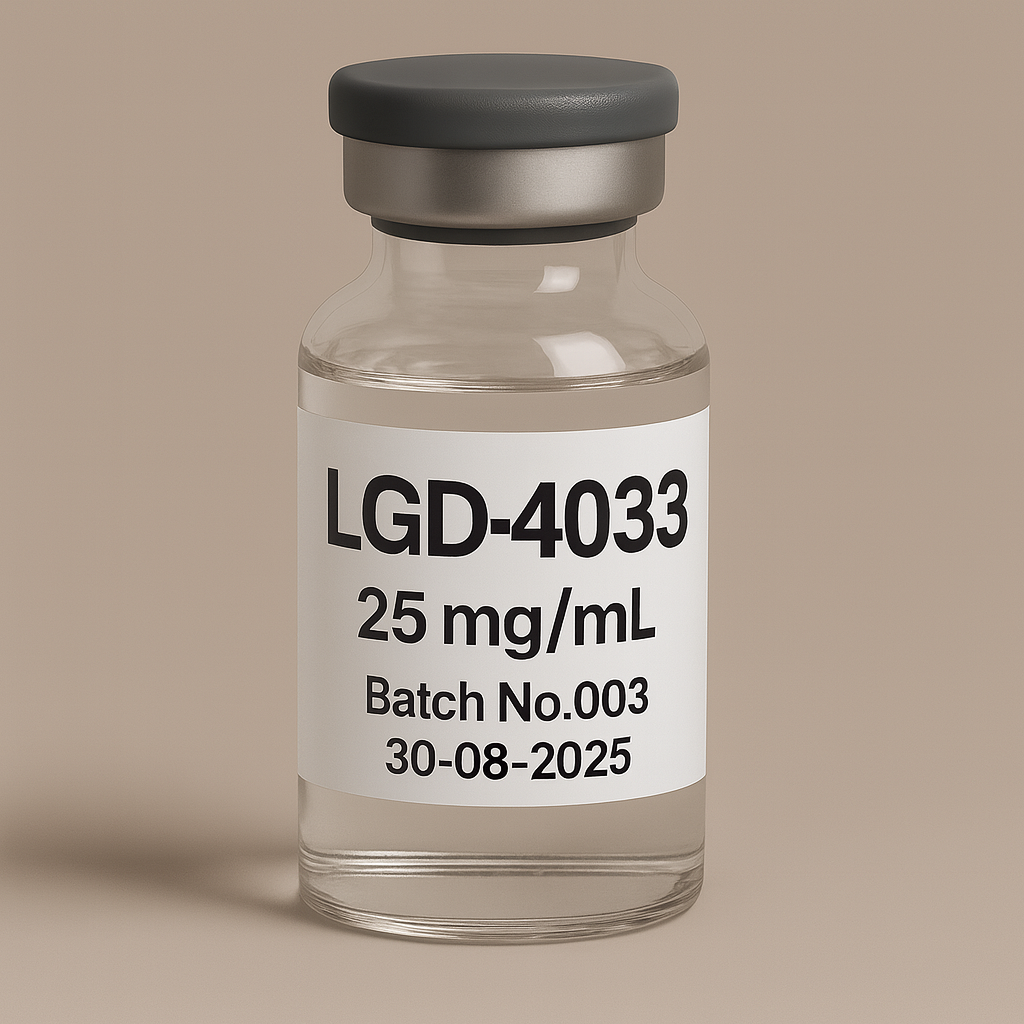 LGD-4033 25 mg/mL injectable solution in clear sterile glass vial with gray rubber stopper, labeled Batch No.003 and expiration date 30-08-2025, pharmaceutical SARM supplement on beige background