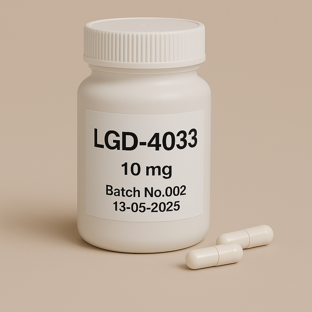 photograph of a white plastic pill bottle labeled "LGD-4033, 10 mg, Batch No.002, 13-05-2025." The bottle stands on a beige surface with two white capsules placed neatly in front. The minimalist beige background and bold black typography emphasize the clean, professional pharmaceutical design