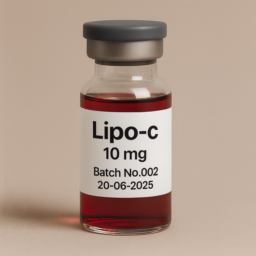 a transparent glass vial labeled "Lipo-c, 10 mg, Batch No.002, 20-06-2025." The vial has a gray metal cap and is filled with a dark red liquid. It stands upright on a beige surface against a minimalist neutral background, with bold black typography on the label emphasizing the professional pharmaceutical design