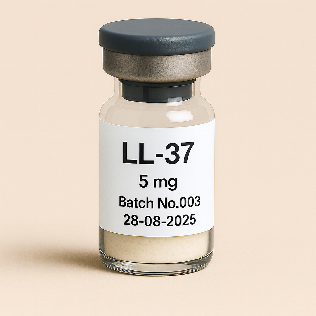 a clear glass vial labeled ‘LL-37, 5mg, Batch No.003, 28-08-2025.’ The vial has a gray cap and contains a white lyophilized powder, displayed against a soft beige background, presented in a clean, pharmaceutical-style format