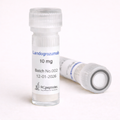Landogrozumab 10 mg vials with white lyophilized powder, one vial standing upright and one lying on its side. The label displays Batch No.002 and date 12-01-2026, with clear plastic screw caps, RCpeptides logo, and a clean neutral background.
