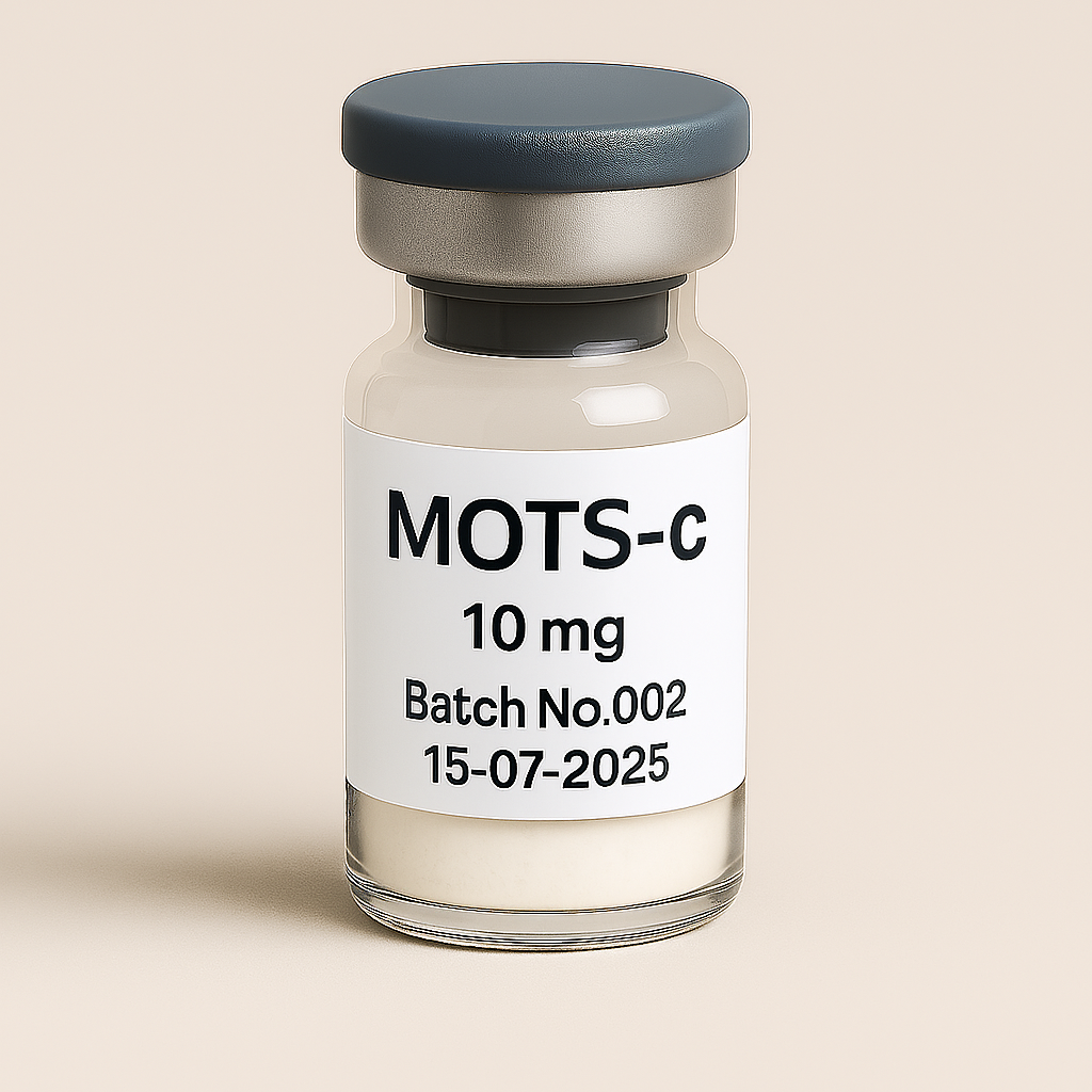 a transparent glass vial containing off-white powder, labeled ‘MOTS-c 10 mg – Batch No.002 – 15-07-2025,’ sealed with a gray rubber stopper and matte cap, placed on a neutral beige background