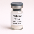 Matrixyl 10 mg peptide vial with white lyophilized powder, labeled Batch No.005, dated 10-01-2026, pharmaceutical glass vial with rubber stopper and metal seal.