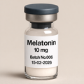 Melatonin 10mg powder vial – Batch No. 006, expiry 15-02-2026 – clear glass vial on neutral studio background.