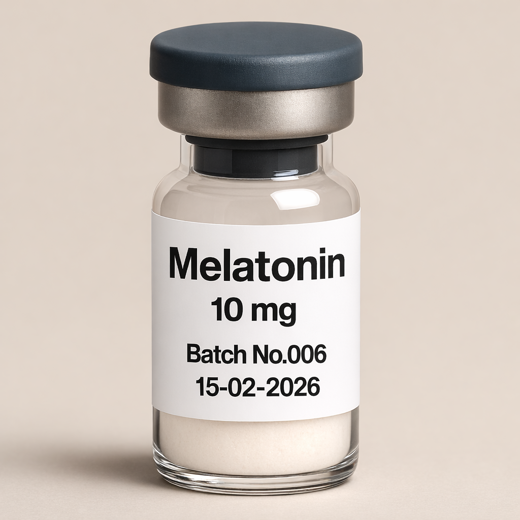 Melatonin 10mg powder vial – Batch No. 006, expiry 15-02-2026 – clear glass vial on neutral studio background.