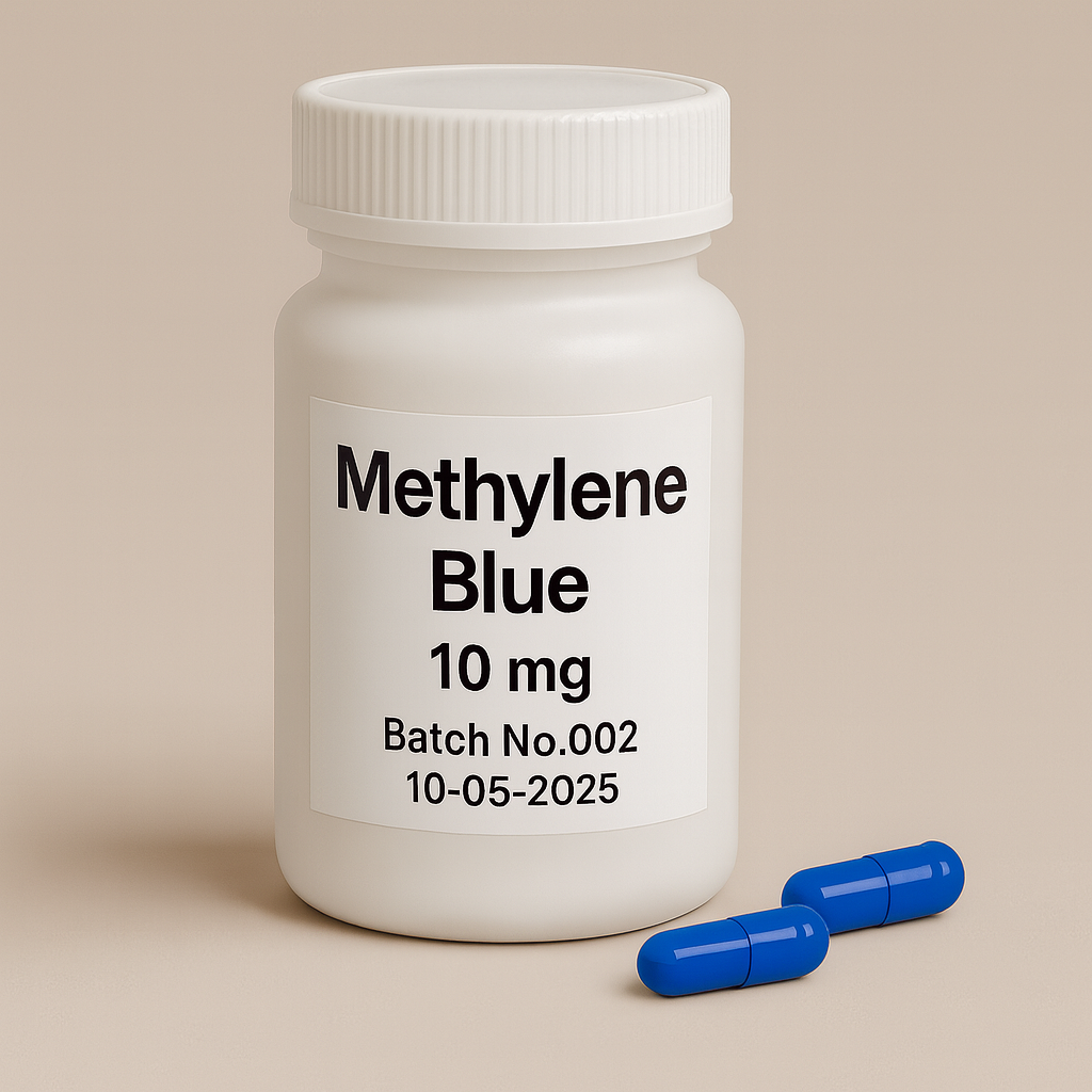 White plastic supplement bottle labeled "Methylene Blue 10mg, Batch No.002, 10-05-2025" with two blue capsules beside it on a neutral beige background — pharmaceutical product packaging for nootropic or research chemical