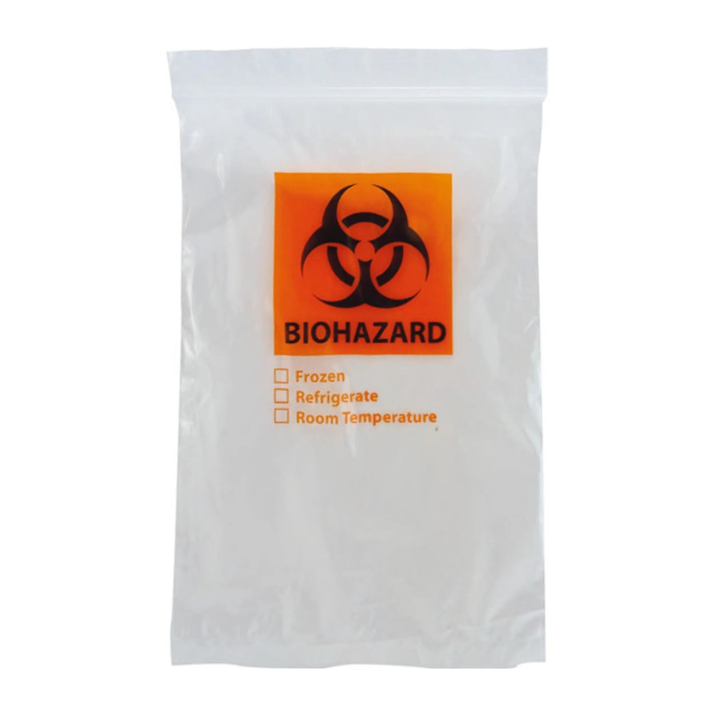 Biohazard bag with a biohazard symbol on an orange background
