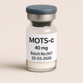 Vial labeled 'MOTS-C 40 mg' with batch number and date on a beige background