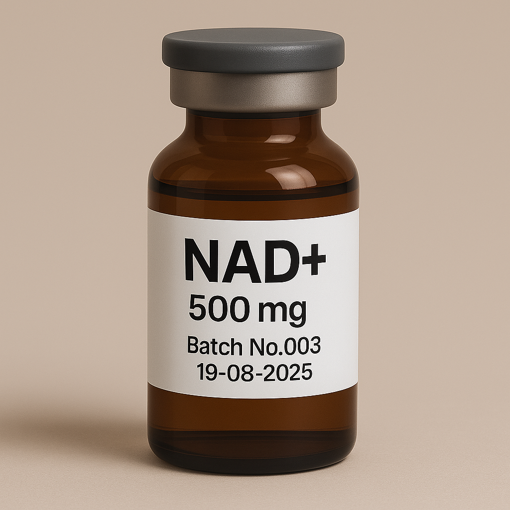 Amber glass vial of NAD+ supplement (500 mg), labeled with batch number 003 and expiration date 19-08-2025, sealed with a gray rubber stopper and aluminum cap, photographed against a neutral beige background