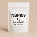 product photo of a white, matte-finish, stand-up resealable pouch labeled 'NSI-189 1g, Batch No.005, 10-11-2025'. The pouch is centered against a neutral beige background, designed for e-commerce and supplement product listings