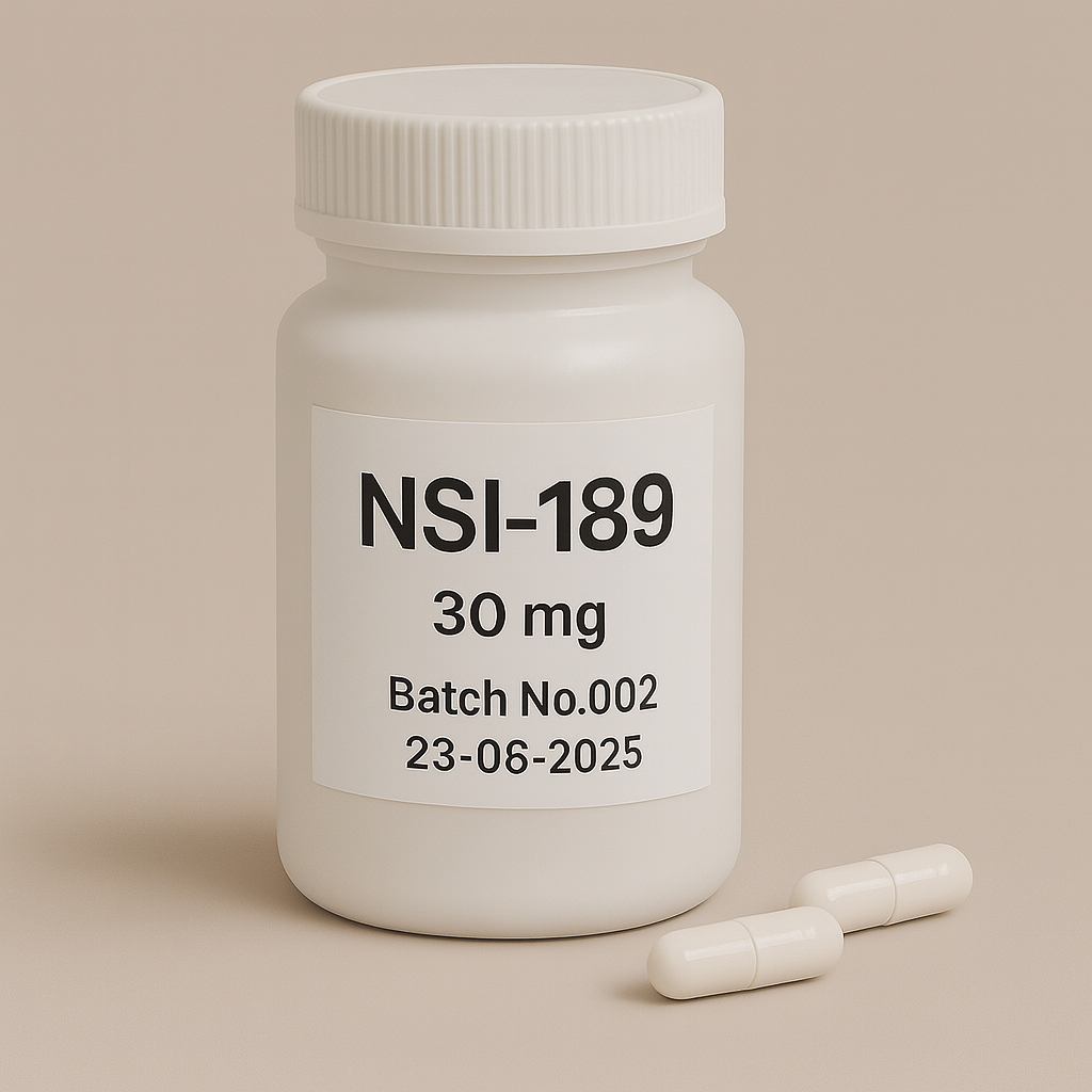 White plastic pill bottle labeled "NSI-189, 30 mg, Batch No.002, 23-06-2025" on a beige background, with two white capsules lying beside it