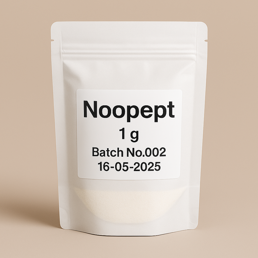 A digital photograph of a white resealable pouch labeled "Noopept, 1 g, Batch No.002, 16-05-2025." The pouch stands upright on a beige surface with a minimalist neutral background. Bold black typography on the clean white label emphasizes the professional, pharmaceutical-style design, optimized for Shopify product display.