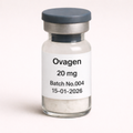 Ovagen 20 mg peptide vial with white lyophilized powder, labeled Batch No.004, dated 15-01-2026, pharmaceutical glass vial with rubber stopper and metal seal.