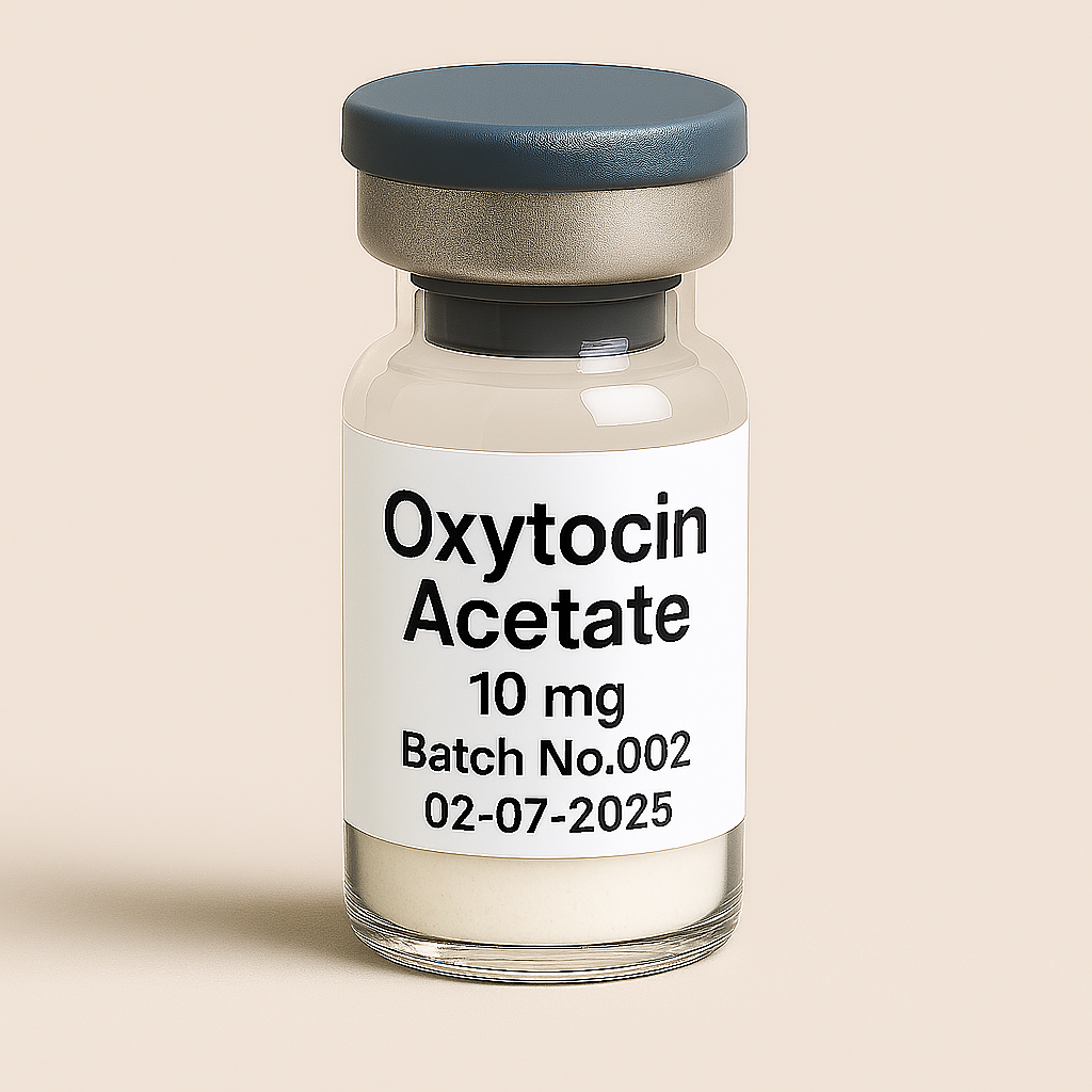 Glass vial labeled Oxytocin Acetate, 10 mg, Batch No.002, dated 02-07-2025, sealed with a gray cap and containing white powder, positioned on a soft beige background