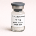 P21 + Adamantane 10 mg peptide vial with white lyophilized powder, labeled Batch No.007, dated 09-01-2026, pharmaceutical glass vial with rubber stopper and metal seal.