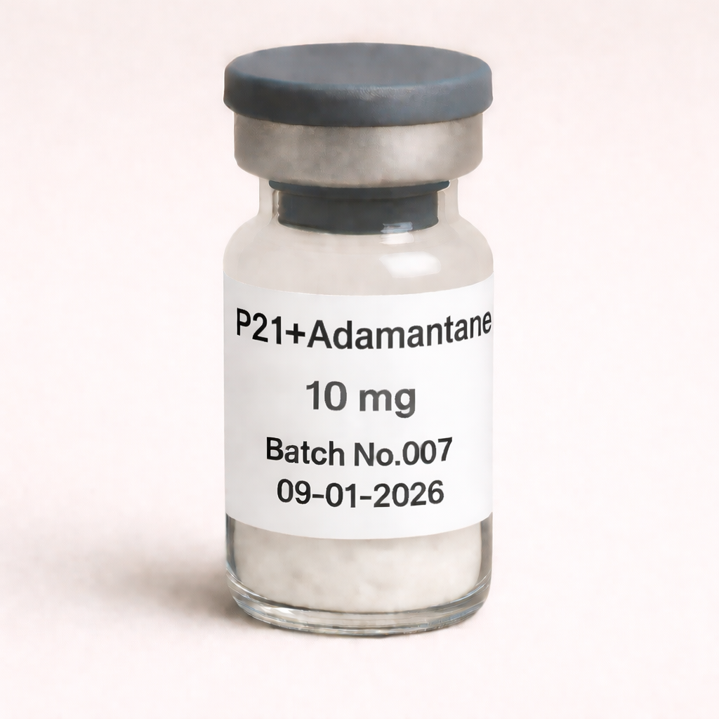 P21 + Adamantane 10 mg peptide vial with white lyophilized powder, labeled Batch No.007, dated 09-01-2026, pharmaceutical glass vial with rubber stopper and metal seal.