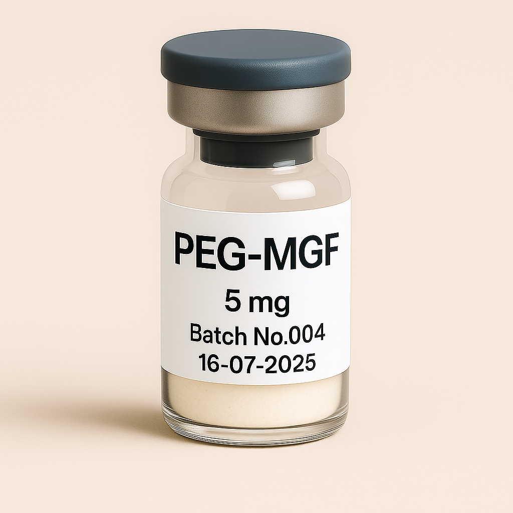 a clear glass vial containing off-white powder, labeled ‘PEG-MGF 5 mg – Batch No.004 – 16-07-2025,’ sealed with a gray rubber stopper and matte cap, displayed against a neutral beige background.