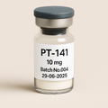 a clear glass vial containing off-white powder, labeled ‘PT-141 10 mg – Batch No.004 – 29-06-2025,’ sealed with a gray rubber stopper and matte cap, positioned on a neutral beige background