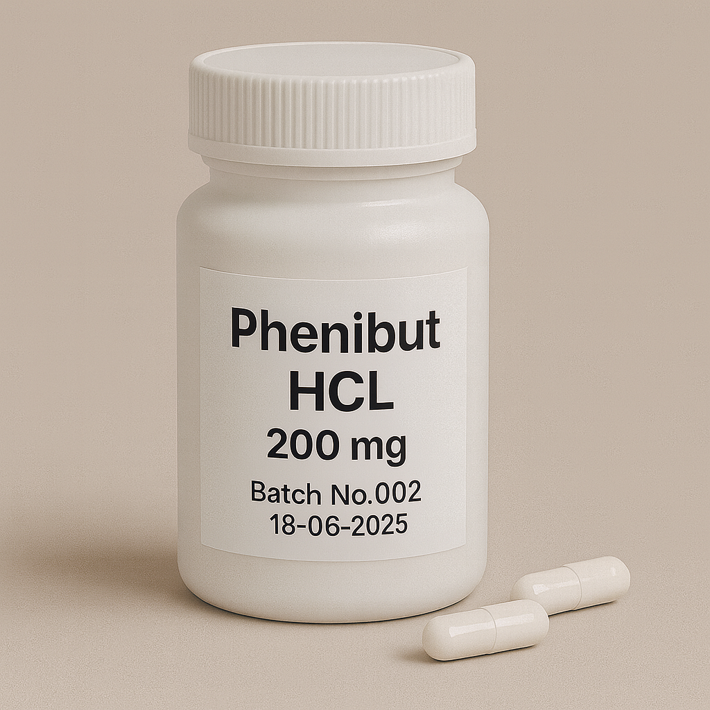 White plastic pill bottle labeled "Phenibut HCL, 200 mg, Batch No.002, 18-06-2025" on a beige background, with two white capsules lying beside it.