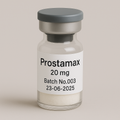Glass vial labeled 'Prostamax 20 mg, Batch No.003, 23-06-2025' containing a white lyophilized powder, sealed with a gray rubber stopper and matte silver cap, photographed against a soft beige background