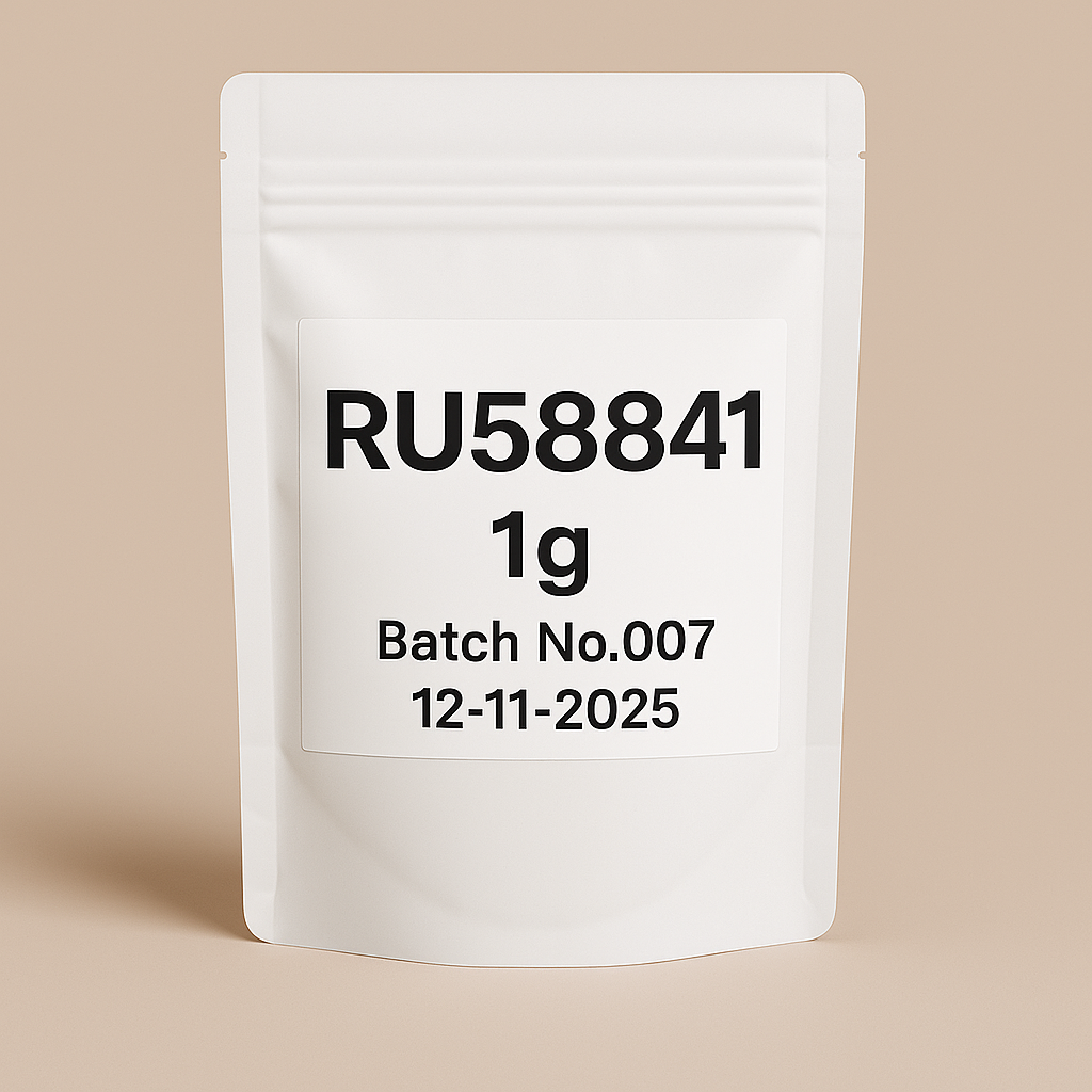 High-resolution product photo of a white, stand-up resealable pouch labeled 'RU58841 1g, Batch No.007, 12-11-2025', designed for ecommerce and scientific supplement packaging