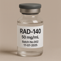 RAD-140 50mg/mL injectable solution in a sterile clear glass vial with gray cap, labeled Batch No.002 and dated 17-07-2025, pharmaceutical product on beige background