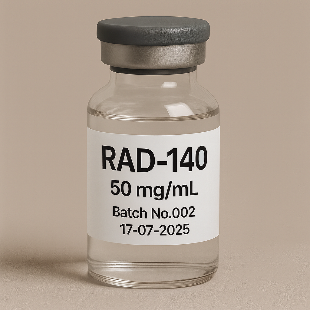 RAD-140 50mg/mL injectable solution in a sterile clear glass vial with gray cap, labeled Batch No.002 and dated 17-07-2025, pharmaceutical product on beige background
