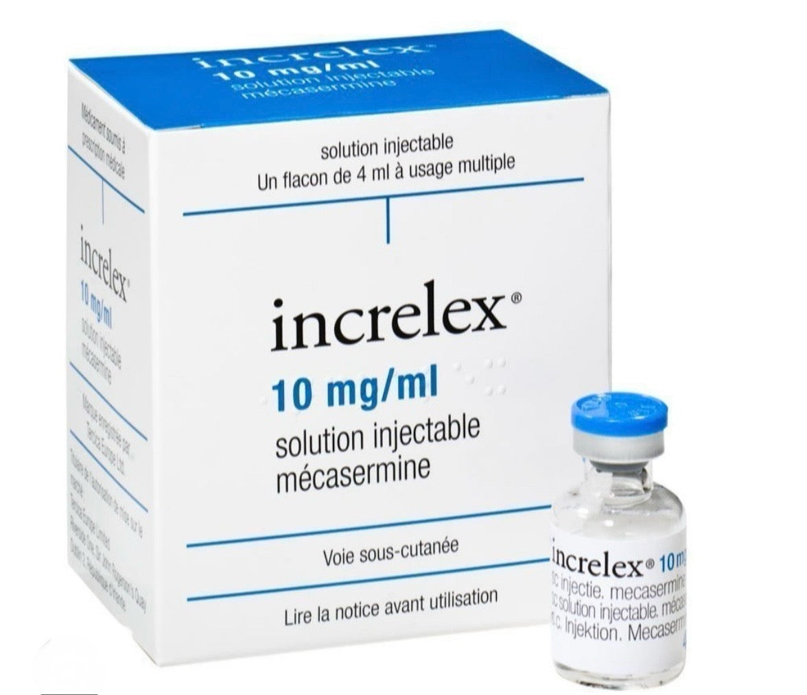 Recombinant human IGF-1 (rhIGF-1) increlex injectable solution packaging with a vial on a white background