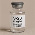"Clear glass vial labeled S-23 40mg/mL, Batch No.002, dated 24-08-2025, used for research or pharmaceutical purposes, featuring a grey cap and minimalistic label design."