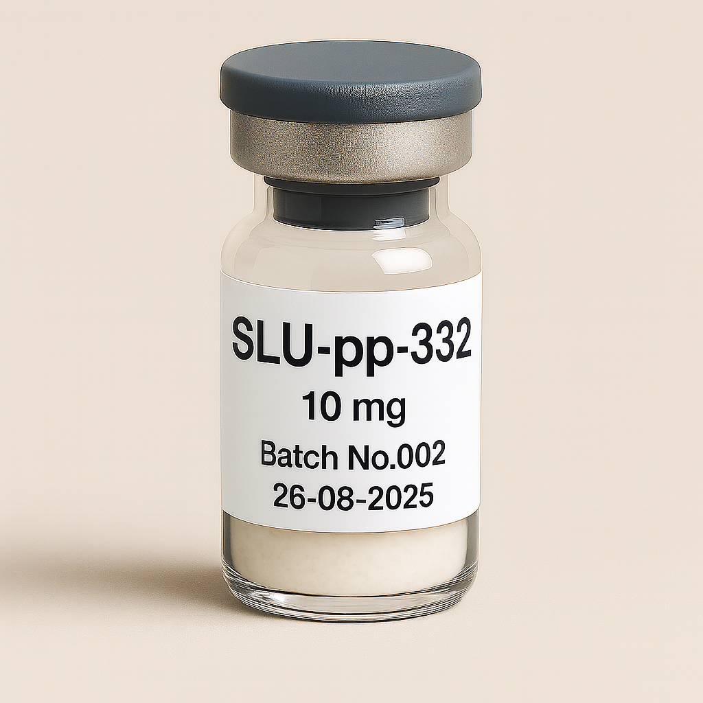 a pharmaceutical vial labeled SLU-pp-332, 10 mg, Batch No.002, dated 26-08-2025. The vial is transparent with a gray rubber stopper, matte aluminum cap, and white label, set against a soft beige background.