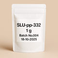 Photograph of a white resealable pouch labeled SLU-pp-332 1g, Batch No.004, dated 18-10-2025, standing upright on a neutral beige background. The product packaging is minimalistic and pharmaceutical in appearance