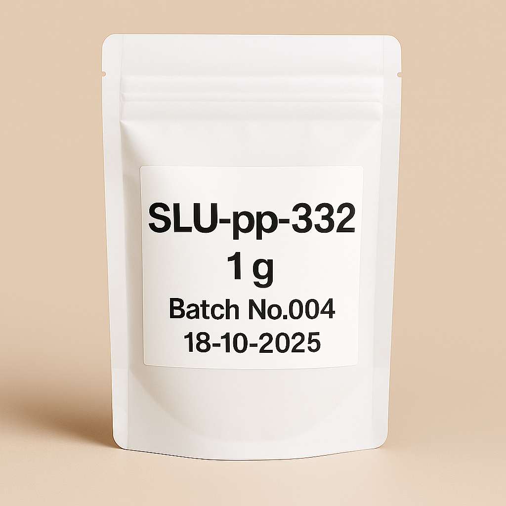 Photograph of a white resealable pouch labeled SLU-pp-332 1g, Batch No.004, dated 18-10-2025, standing upright on a neutral beige background. The product packaging is minimalistic and pharmaceutical in appearance
