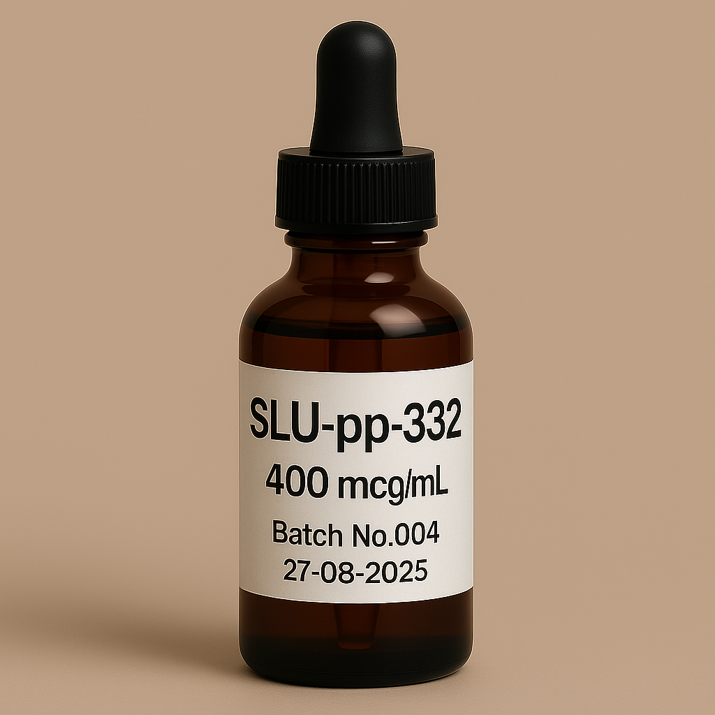 Amber glass dropper vial of SLU-pp-332 topical solution, 400 mcg/mL concentration, labeled Batch No.004 with expiration date 27-08-2025, displayed against a clean beige background.
