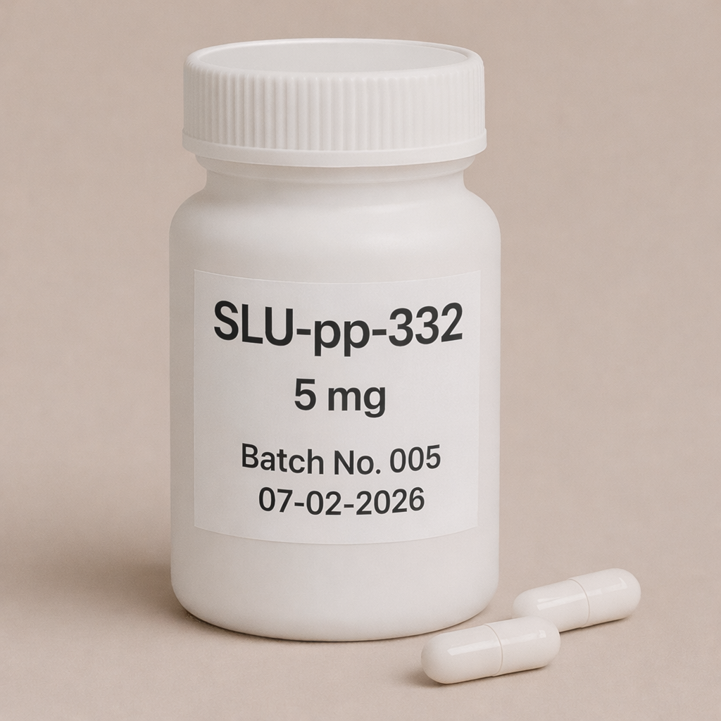 SLU-pp-332 5mg capsules supplement bottle – Batch No. 005, Expiry 07-02-2026 – white pill container with two capsules on neutral background