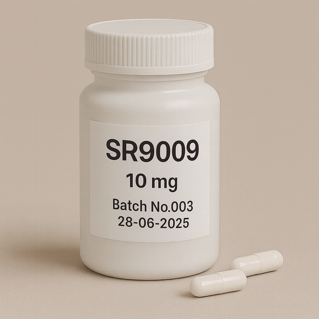 White plastic pill bottle labeled "SR9009, 10 mg, Batch No.003, 28-06-2025" on a beige background, with two white capsules lying beside it.