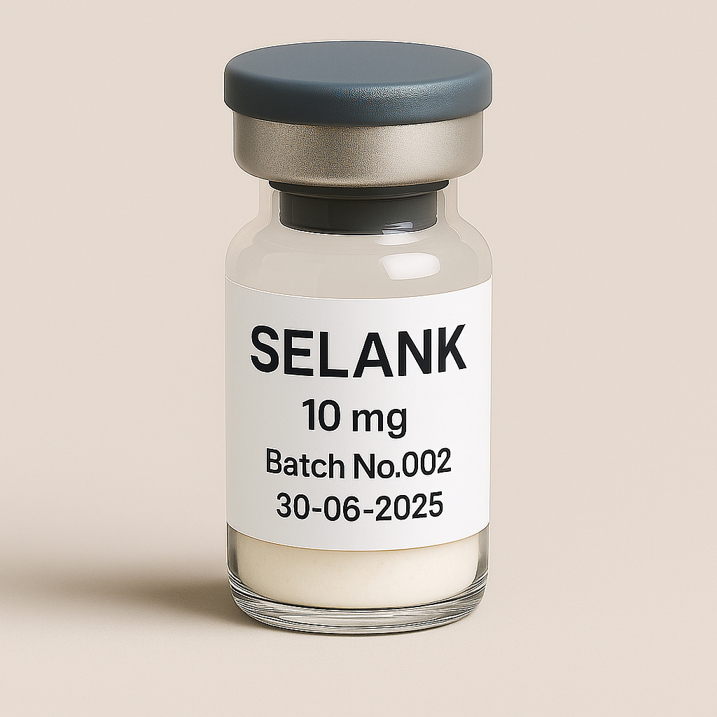 a transparent glass vial filled with off-white powder, labeled ‘SELANK 10 mg – Batch No.002 – 30-06-2025,’ sealed with a gray rubber stopper and matte cap, set against a neutral beige background