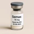 Clear glass vial labeled Semax, 10 mg, Batch No.004, dated 30-06-2025, with a gray cap and white powder inside, placed on a soft beige background