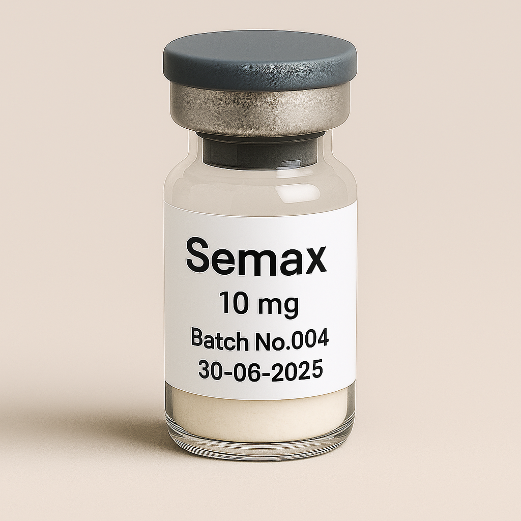 Clear glass vial labeled Semax, 10 mg, Batch No.004, dated 30-06-2025, with a gray cap and white powder inside, placed on a soft beige background