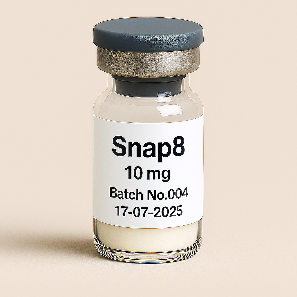 Glass vial labeled Snap8, 10 mg, Batch No.004, dated 17-07-2025, with gray cap and white powder inside, placed on a neutral beige background