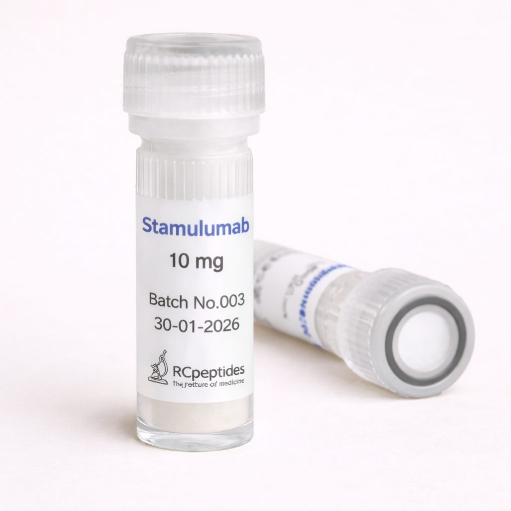 Stamulumab 10 mg peptide vials with white lyophilized powder, one vial standing upright and one lying on its side. The label displays Batch No.003 and date 30-01-2026, with the RCpeptides logo, clear plastic screw caps, and a clean neutral background.