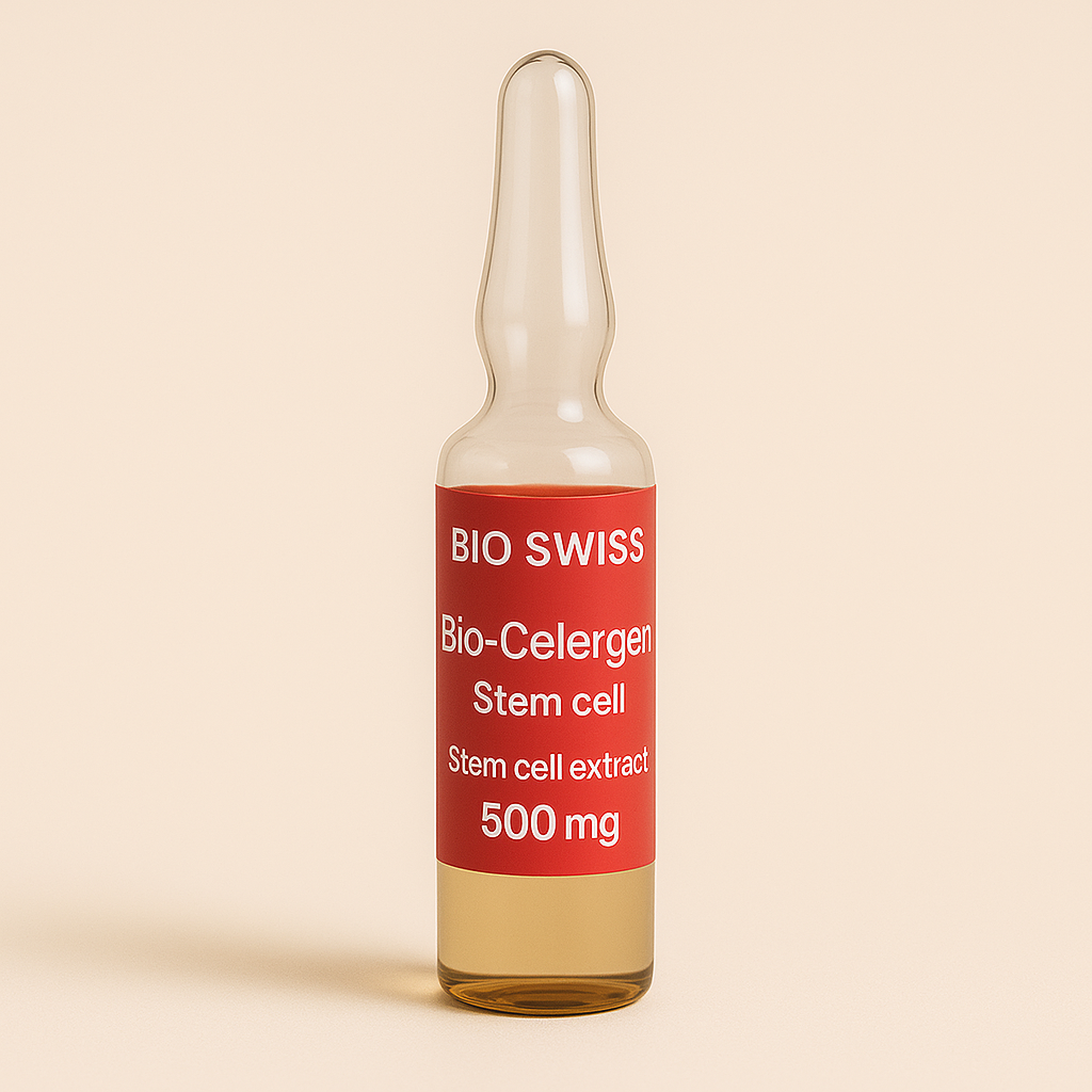 Glass ampoule containing pale yellow liquid with a full red label that reads 'BIO SWISS, Bio-Celergen Stem cell, Stem cell extract 500 mg,' set against a neutral beige background.