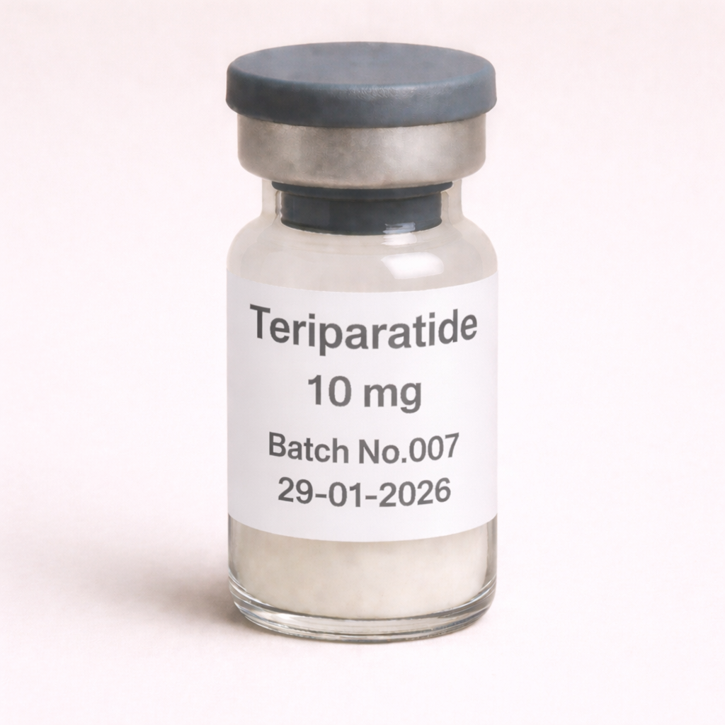 Teriparatide 10 mg peptide vial with white lyophilized powder, labeled Batch No.007 and date 29-01-2026, sealed with a gray rubber stopper and silver aluminum cap, displayed on a neutral beige background