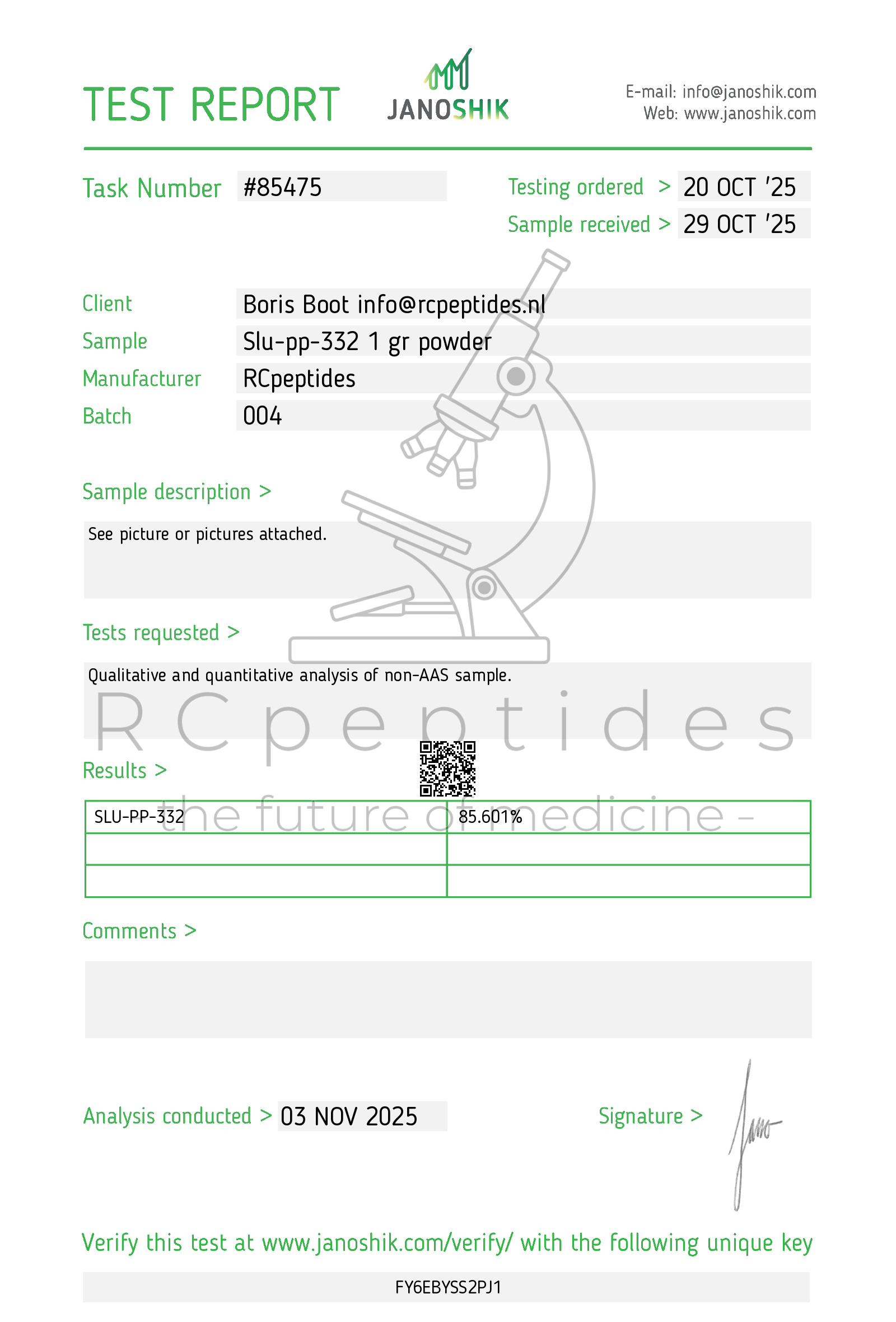 Test report for RCpeptides with a microscope illustration on a white background