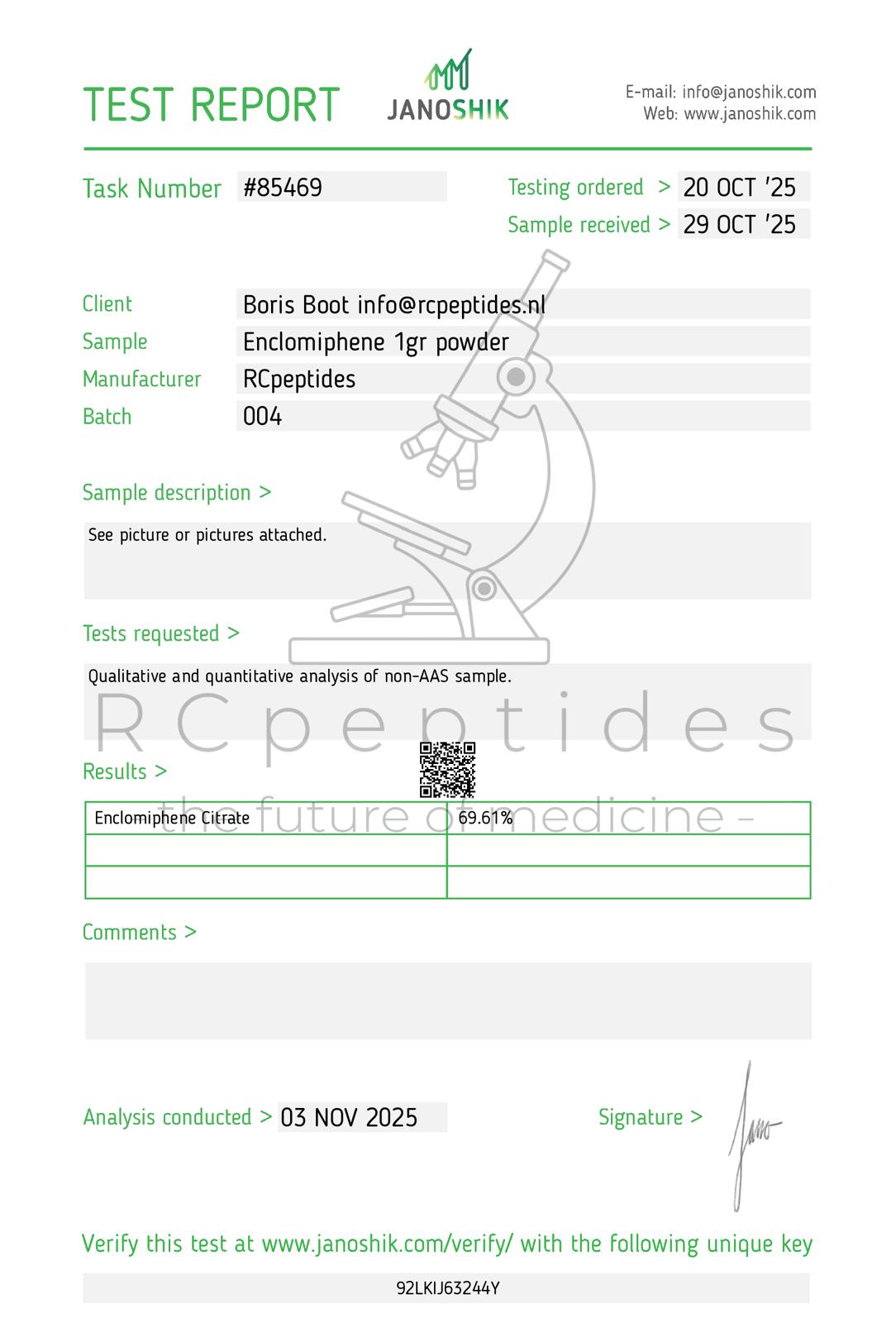 Test report for Enclomiphene 1gr powder with Rcpeptides branding