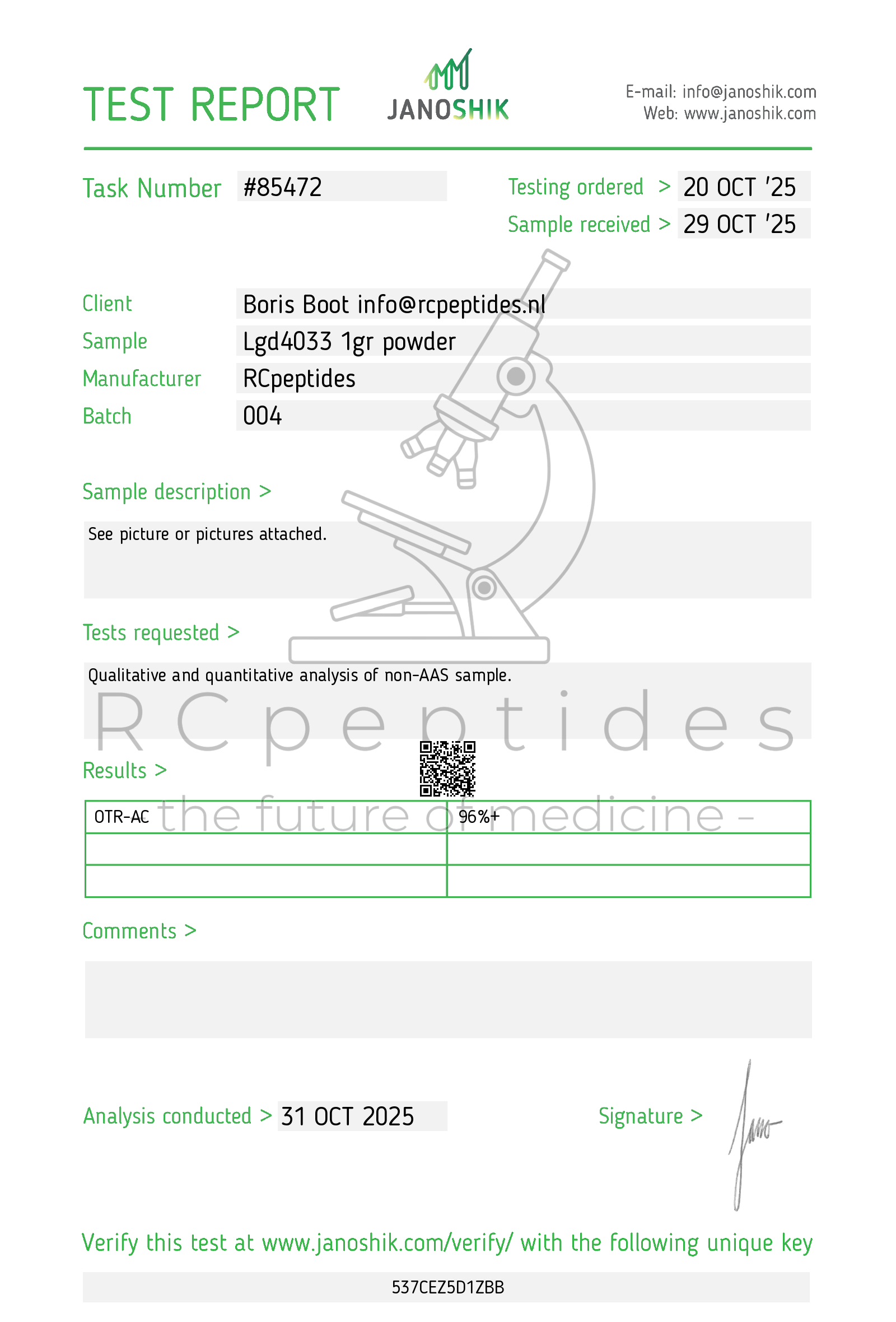 Test report for Rcpeptides with a microscope illustration on a white background