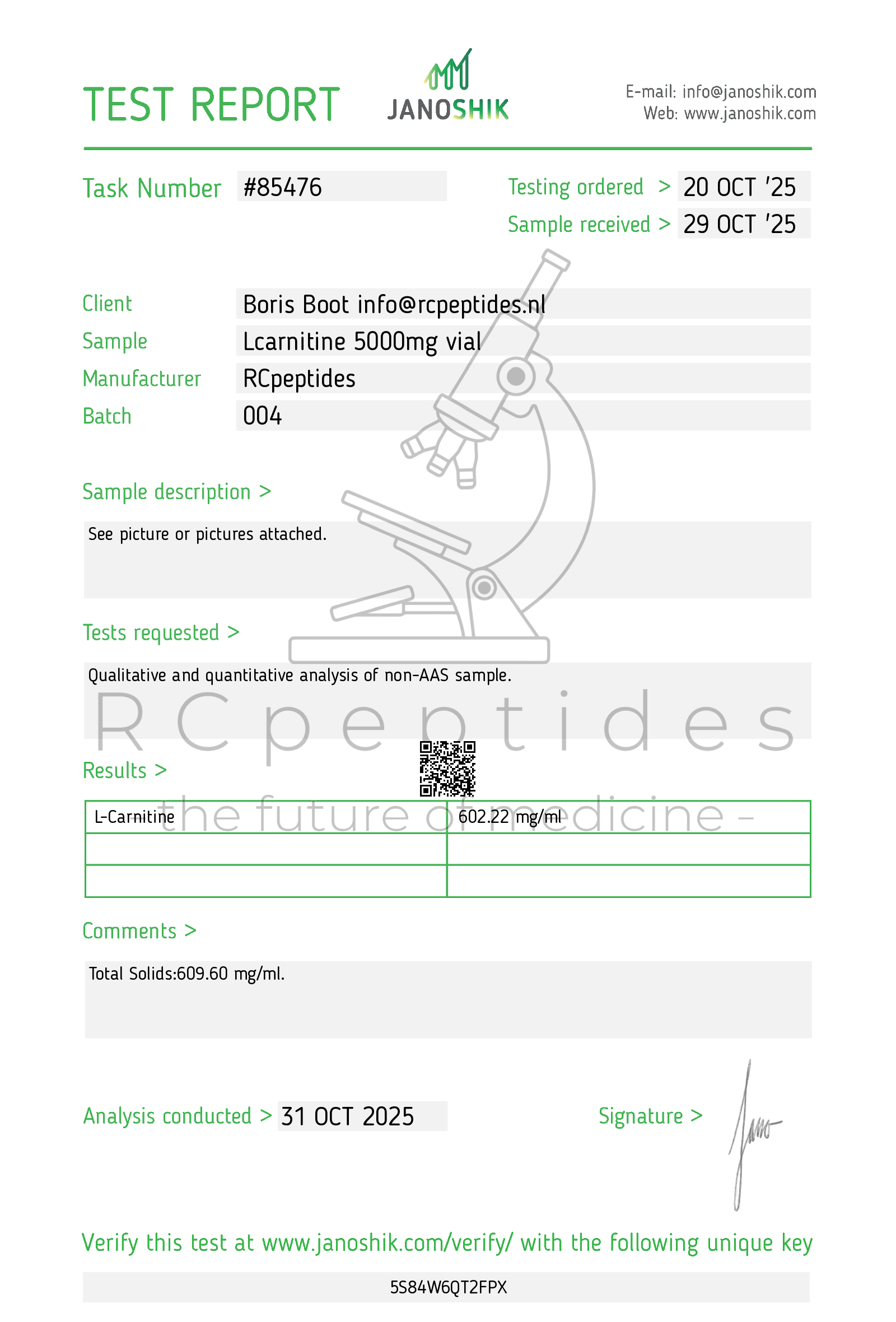 Test report for L-Carnitine 5000mg via RCPeptides with a microscope illustration on a white background.