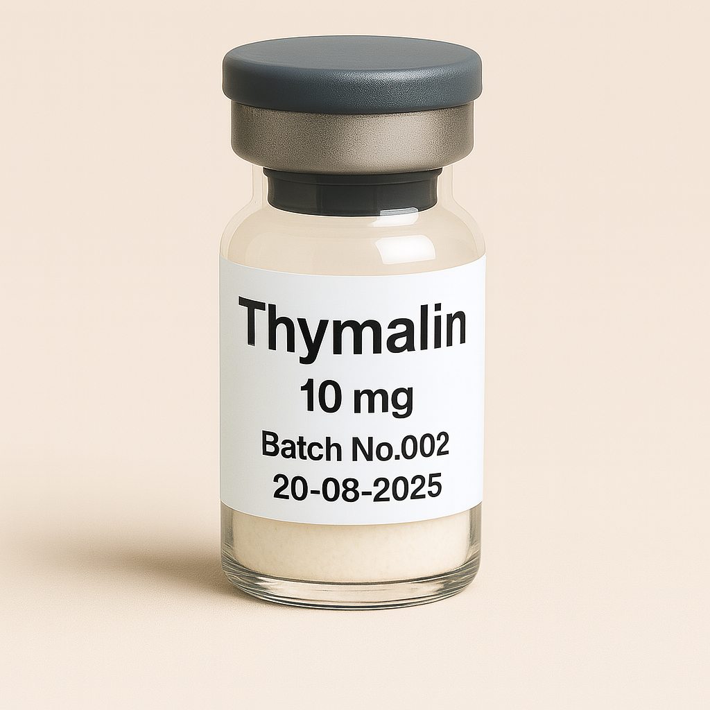 a clear glass vial labeled 'Thymalin 10mg', Batch No.002, dated 20-08-2025. The vial contains a fine white powder, sealed with a gray rubber stopper and a metallic cap, photographed against a neutral beige background with sharp, well-lit details