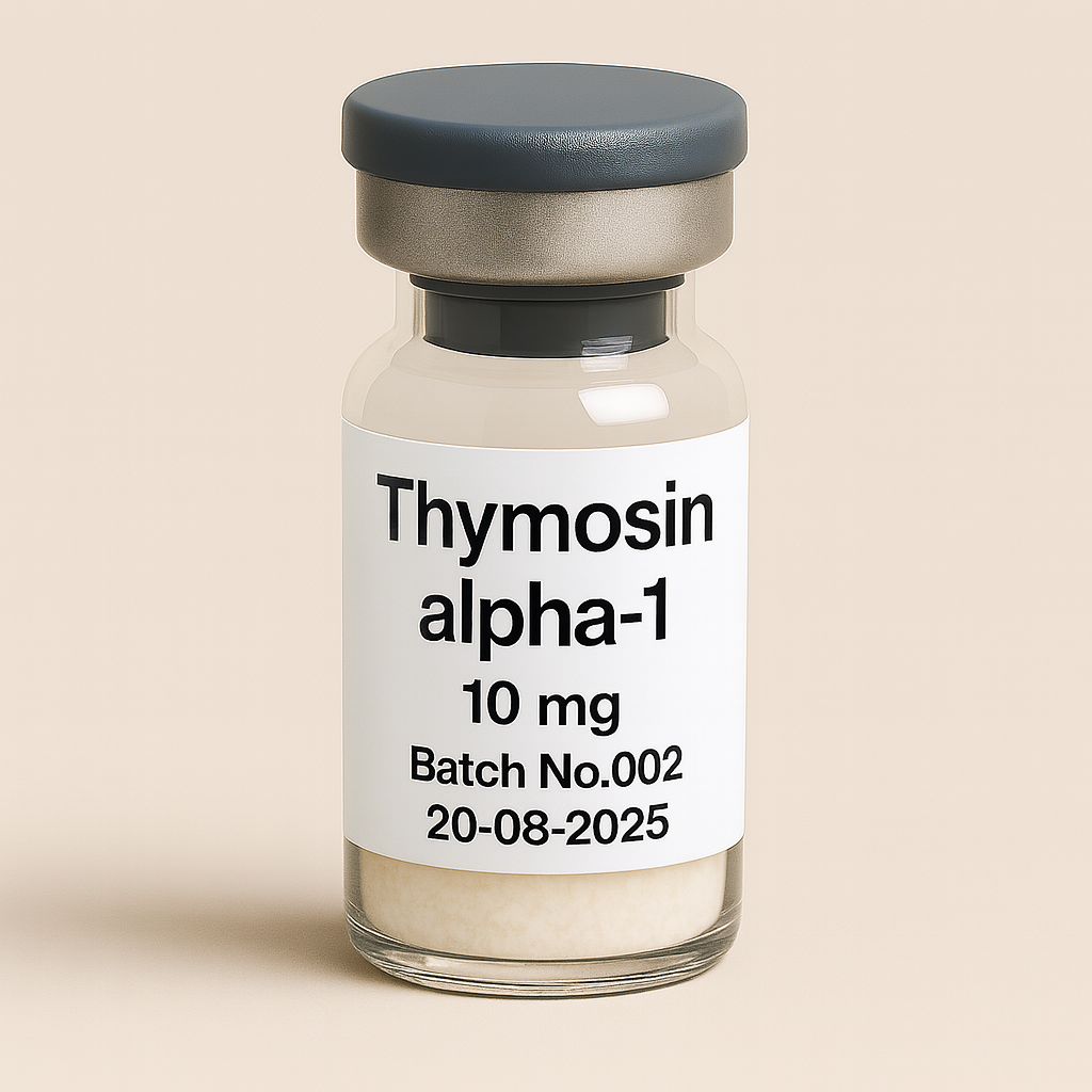 vial of Thymosin alpha-1 10mg with a gray cap, white label, and bold black text displaying dosage, batch number, and date, set against a neutral beige background