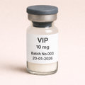 VIP 10 mg peptide vial with white lyophilized powder, labeled Batch No.003, dated 20-01-2026, pharmaceutical glass vial with rubber stopper and metal seal.