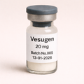 Vesugen 20 mg peptide vial with white lyophilized powder, labeled Batch No.005, dated 13-01-2026, pharmaceutical glass vial with rubber stopper and metal seal.